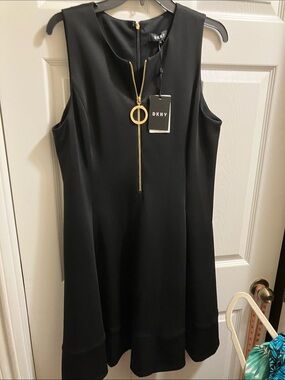 DKNY Black Sleeveless Midi Dress with Gold Circle Zip Pull